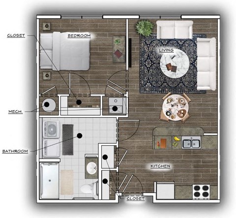 Floor plan for 1 bed, 1 bath, 691 sqft